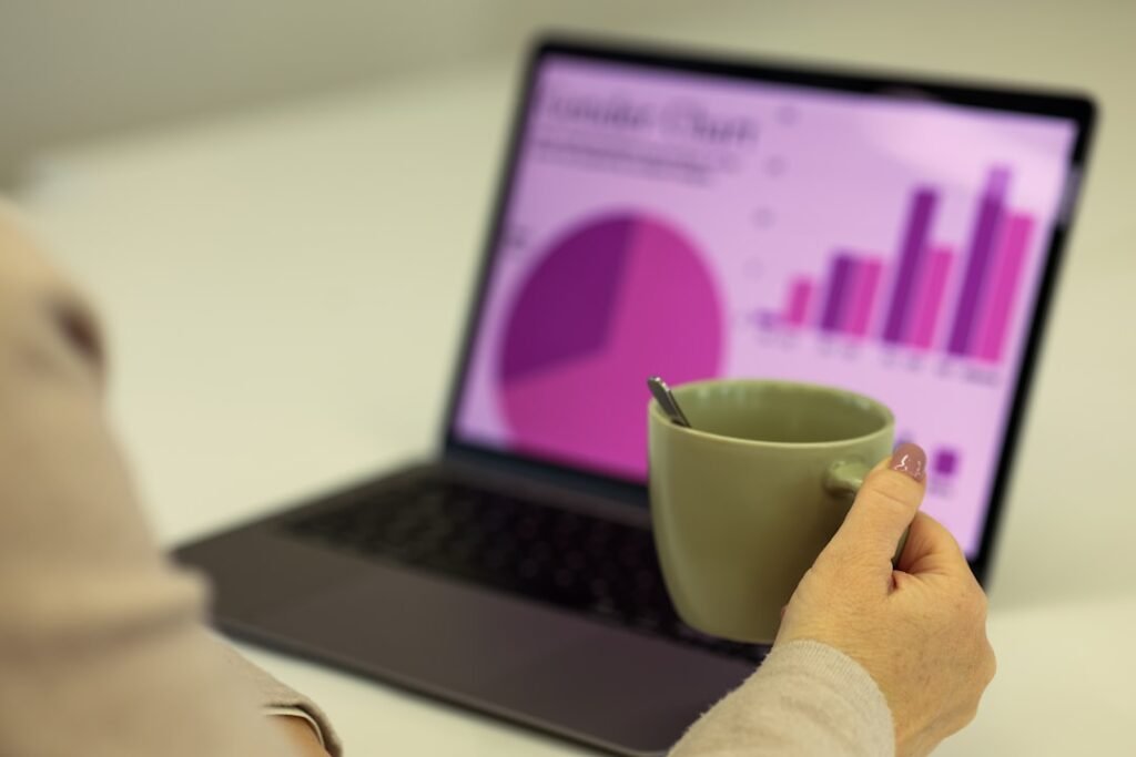 Laptop displaying charts beside a person holding a cup